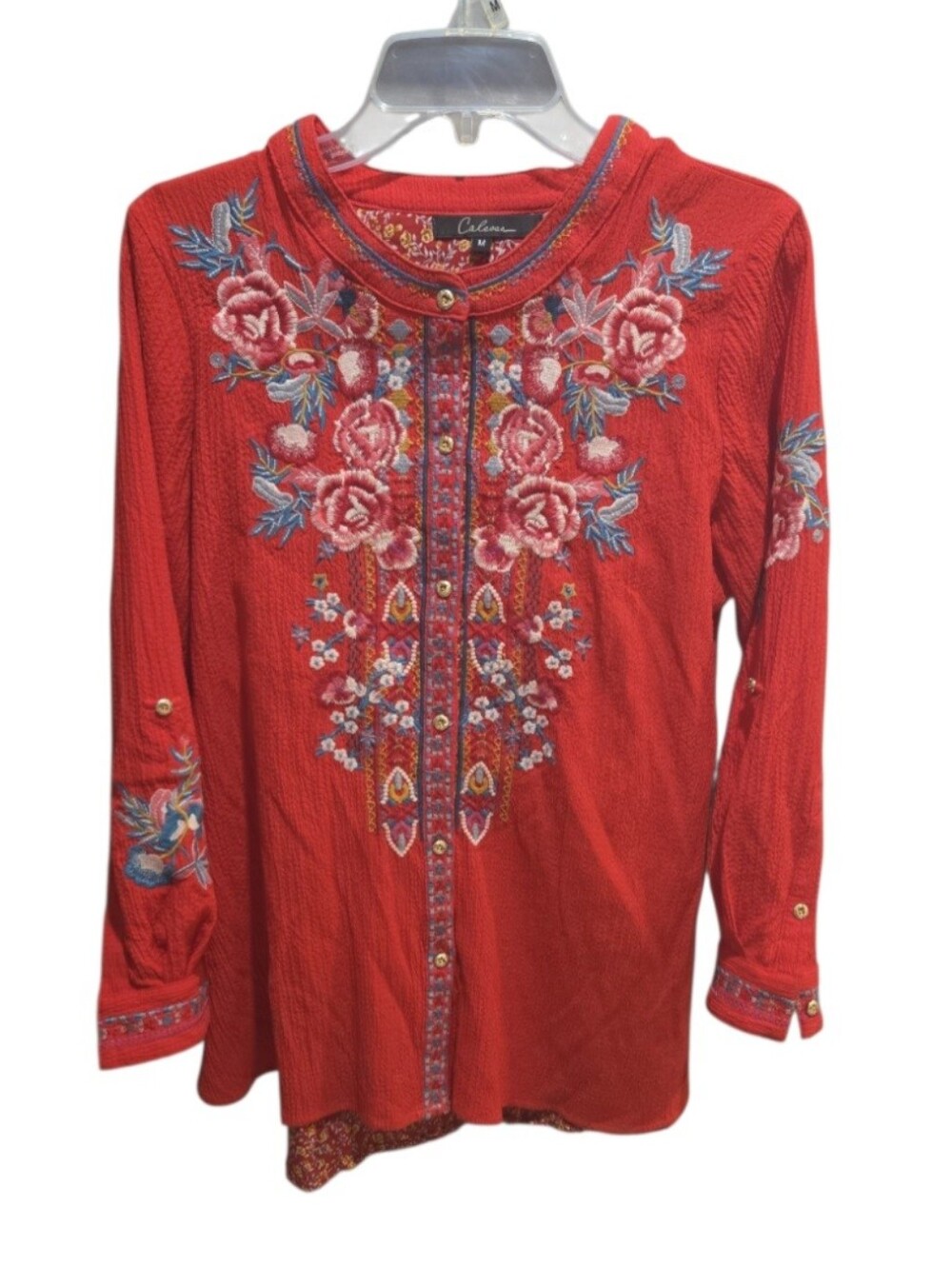Calessa Boho Embroidered Cotton Button Down Shirt Womens Size M Floral Back